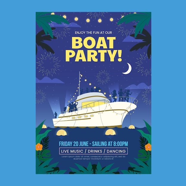 Vecteur gratuit flyer de fête de bateau dessiné à la main avec yacht