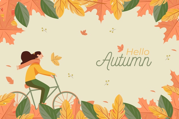 Fond automne design plat avec femme et vélo