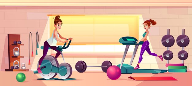 Fond de dessin animé de vecteur de gym avec des filles faisant de fitness