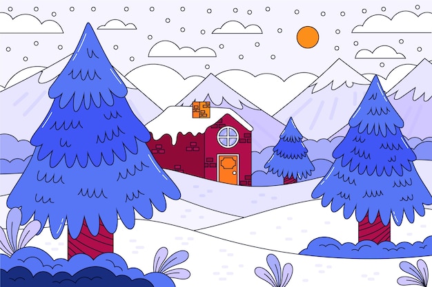 Vecteur gratuit fond dessiné à la main pour la saison d'hiver avec maison et arbres