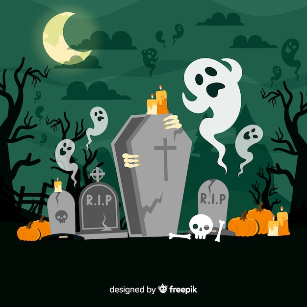 Vecteur gratuit fond effrayant halloween avec un design plat