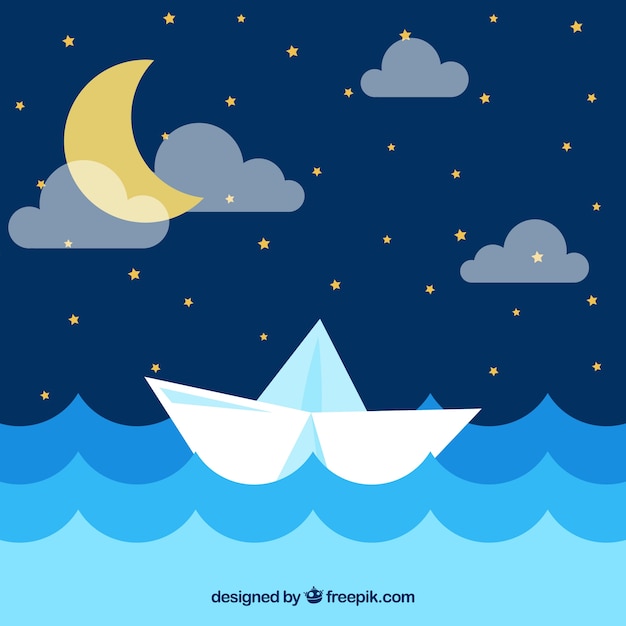 Vecteur gratuit fond de nuit avec bateau en lune et en papier