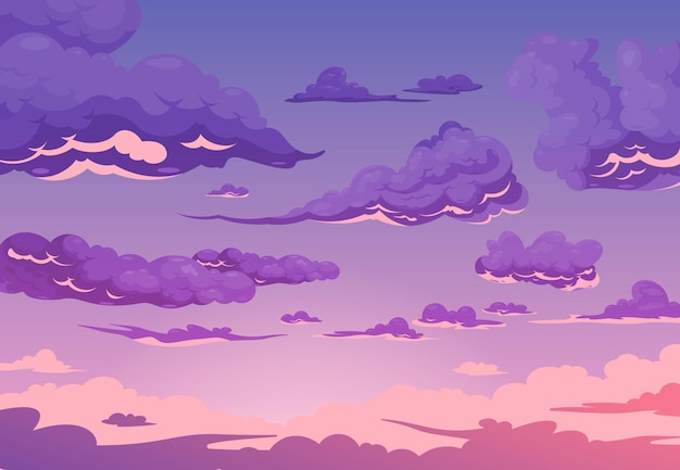 Fond violet ciel nuageux du soir avec groupe de cumulus et cirrus illustration de dessin animé plat