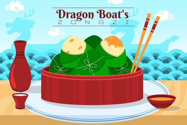 Vecteur gratuit fond de zongzi du bateau dragon plat bio