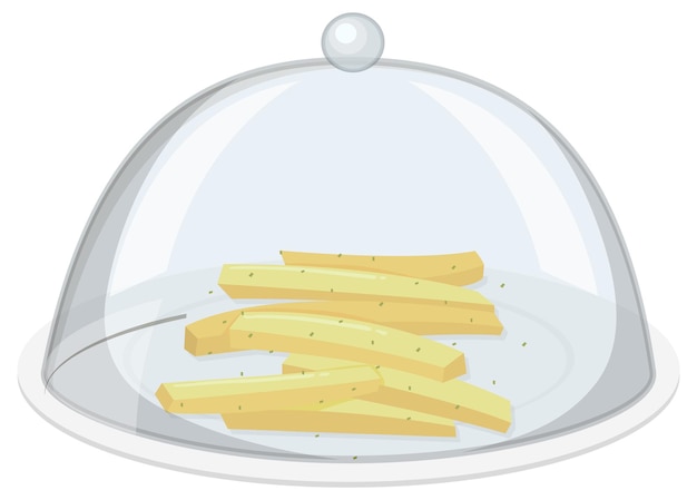 Frites sur plaque ronde avec couvercle en verre sur fond blanc