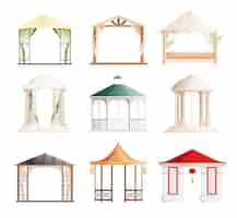 Vecteur gratuit gazebo dans différents styles pour jardins ou parcs ensemble plat illustration vectorielle isolée