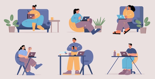 Vecteur gratuit les gens travaillent au bureau à domicile. concept de freelance, commerce en ligne, travail à distance. ensemble vectoriel d'illustrations plates avec des personnages avec ordinateur portable ou téléphone dans un lieu de travail confortable