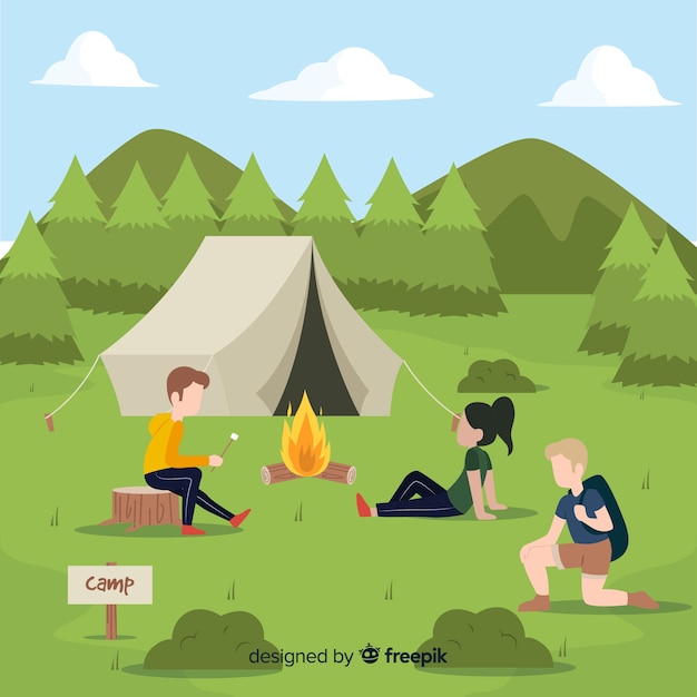 Vecteur gratuit les gens vont camping design plat