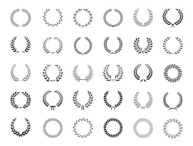 Grande collection de trente couronnes ou cercles de laurier de vecteur noir circulaire différents pour la victoire et l'excellence du prix de l'antiquité héraldique