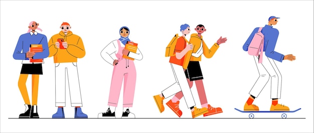 Vecteur gratuit groupe d'étudiants jeunes filles et garçons multiculturels avec des sacs à dos tenant des livres et des smartphones faisant du skateboard personnages d'adolescents heureux dans des vêtements décontractés illustration vectorielle plane linéaire