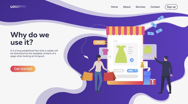 Homme et femme achetant des vêtements en ligne avec un exemple de texte
