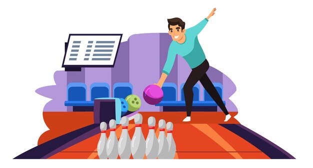 Homme lançant une balle jouant au bowling. Animations nocturnes, loisirs ludiques.