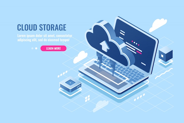 Vecteur gratuit icône isométrique de stockage de données en nuage, téléchargement de fichier sur un serveur en nuage pour un concept d&#39;accès à distance