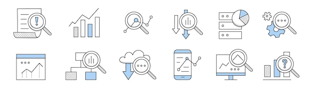 Icônes d'analyse de données, recherche d'informations commerciales, financières ou scientifiques. Doodle vectoriel avec graphiques, diagrammes sur écran d'ordinateur, loupe, équipement et document