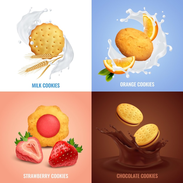 Vecteur gratuit icônes de concept réaliste de cookies sertie de symboles de goût fraise et chocolat isolés