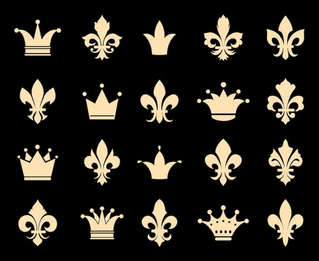 Icônes de couronne et fleur de lis. Insigne de symbole, décoration héraldique antique royale, illustration vectorielle