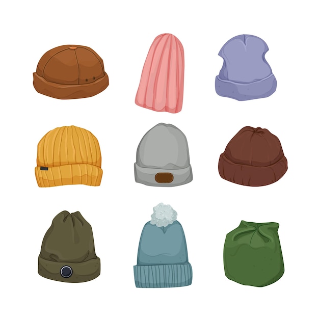 Vecteur gratuit icônes de dessin animé bonnet chapeau cap set vector