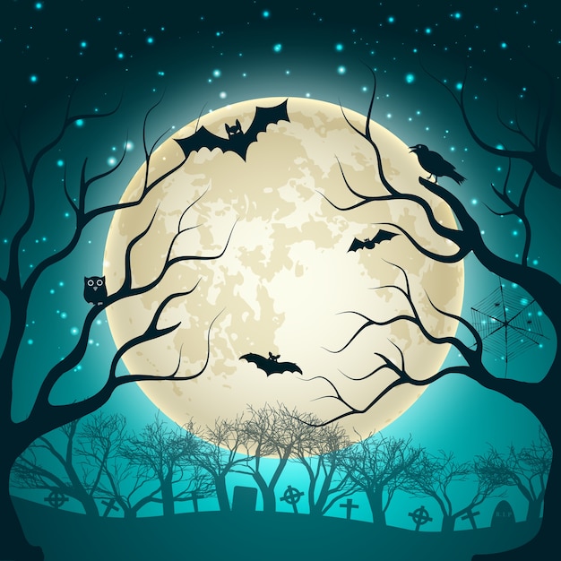 Illustration d'Halloween avec une grosse boule de lune rougeoyante sur le ciel scintillant de nuit et les chauves-souris dans la forêt magique