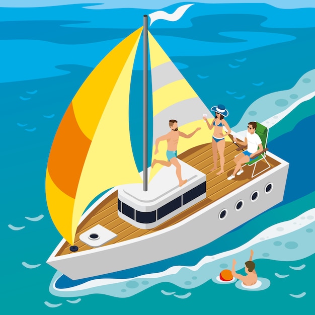 Vecteur gratuit illustration isométrique de yacht de personnes riches