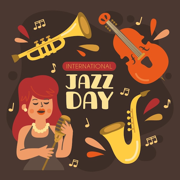 Vecteur gratuit illustration de la journée internationale du jazz dessinée à la main avec des instruments de musique et une femme qui chante