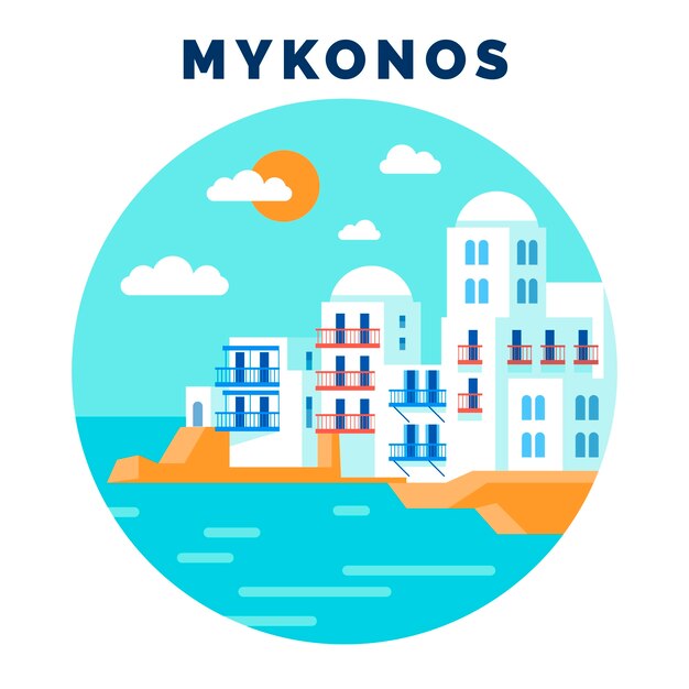 Illustration de Mykonos dessinée à la main avec des bâtiments et la mer