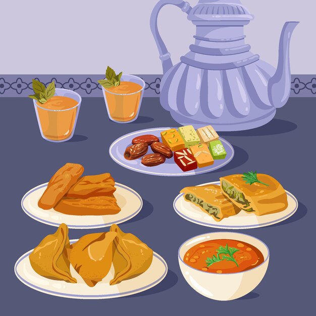 Illustration de repas iftar dessiné à la main