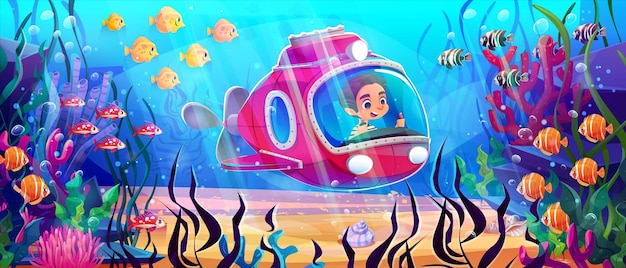 Vecteur gratuit illustration sous-marine de vecteur de dessin animé sous-marin pour enfants aventure nautique pour enfants dans un véhicule sous-marin avec hélice et fenêtres découvrez le fond marin transport sous-marin avec un enfant heureux