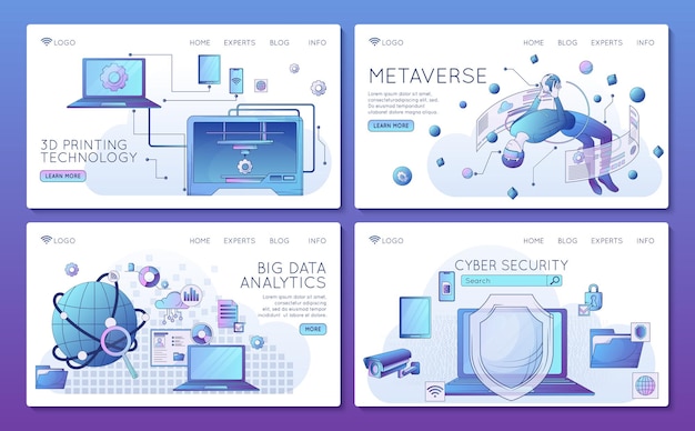 Vecteur gratuit industrie intelligente 4.0 technologie d'impression 3d métaverse analyse de données volumineuses cyber sécurité bannières de site web plat ensemble illustration vectorielle isolée