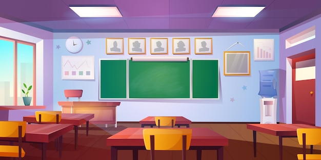 Vecteur gratuit intérieur de classe vide de dessin animé avec tables et chaises en bois de tableau noir