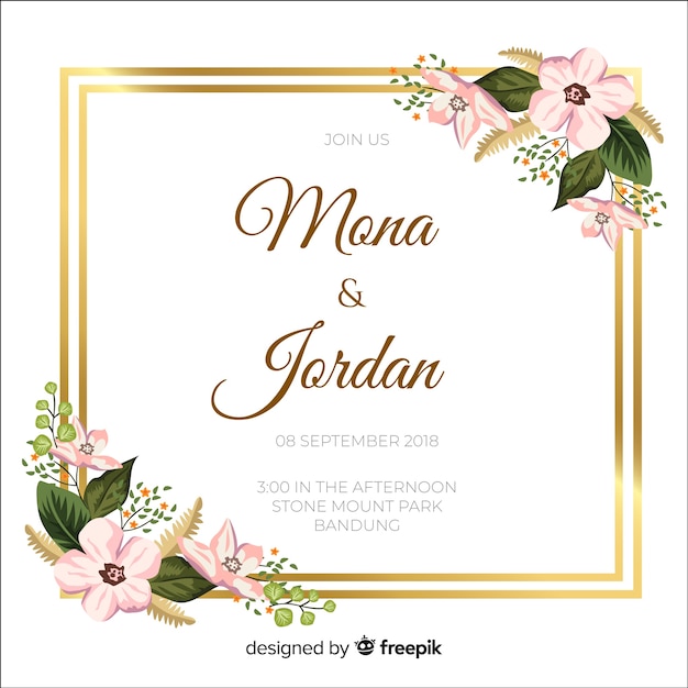 Vecteur gratuit invitation de mariage floral avec cadre doré