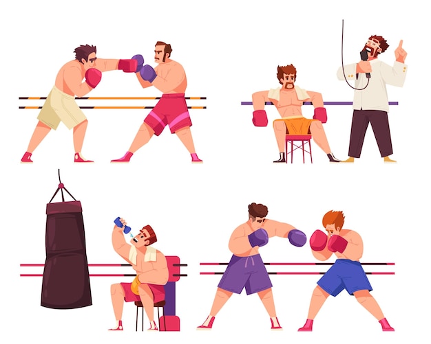 Vecteur gratuit jeu d'icônes de boxe plat les boxeurs se battent dans le ring et se reposent entre les rounds illustration vectorielle