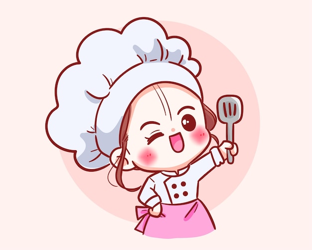 Vecteur gratuit jolie fille de chef en personnage uniforme tenant une illustration d'art de dessin animé de logo de restaurant de nourriture de tourneur