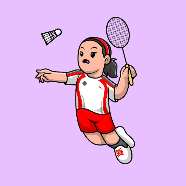 Vecteur gratuit jolie fille jouant au badminton cartoon vector icon illustration. concept d'icône de sport de personnes isolé vecteur premium. style de dessin animé plat