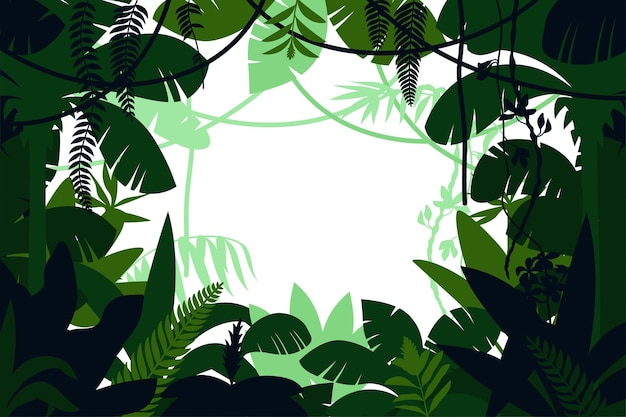 Vecteur gratuit jungle colorée cadre grandes feuilles encadrent la scène comme cercle sur illustration vectorielle fond blanc