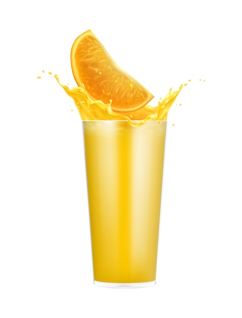 Vecteur gratuit le jus d'orange éclabousse la composition avec une image isolée de verre entier avec une tranche et une illustration vectorielle de liquide splash