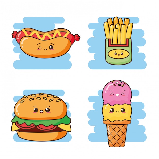 Vecteur gratuit kawaii fast food mignonne restauration rapide glace, hamburger, hot dog, illustration de frites