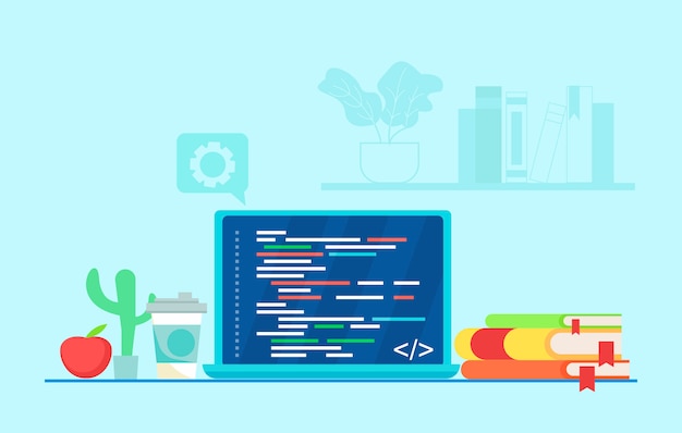 Vecteur gratuit lieu de travail du programmeur. écrire du code sur un ordinateur portable.