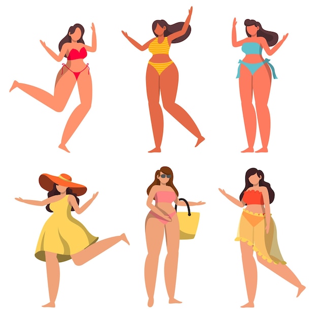 Vecteur gratuit un lot de 6 personnages féminins en maillot de bain et pose avec des atouts sur fond blanc. design plat illustration vectorielle