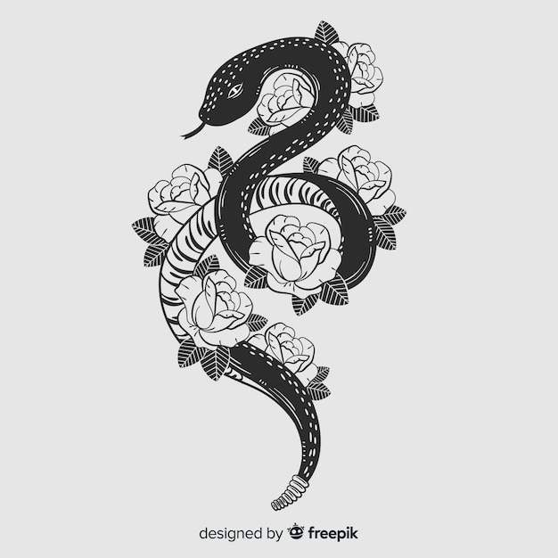 Vecteur gratuit main dessiné serpent sans couleur avec fond de fleurs