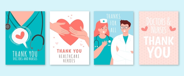 Main dessinée merci collection de cartes postales médecins et infirmières