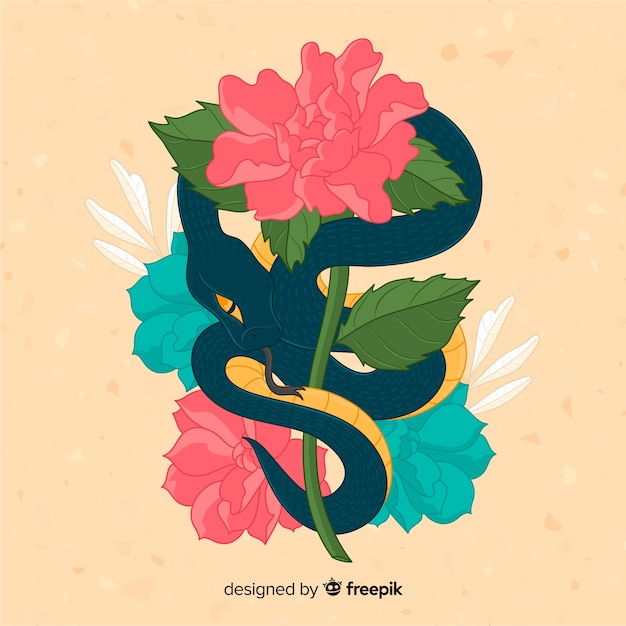 Vecteur gratuit main dessinée serpent avec fond de fleurs colorées