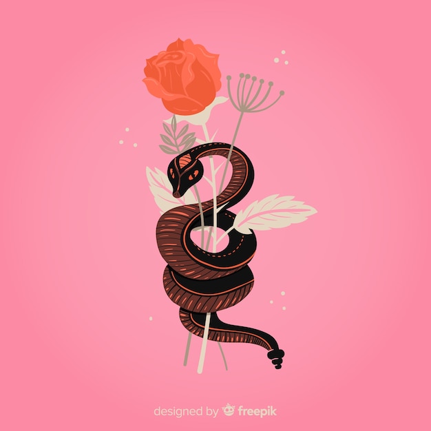 Vecteur gratuit main dessinée serpent avec fond de fleurs