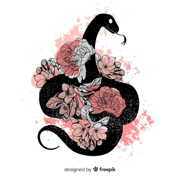 Vecteur gratuit main dessinée silhouette de serpent avec fond de fleurs