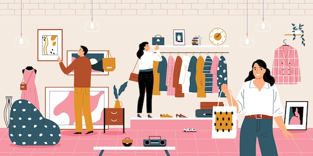 Vecteur gratuit marché du dimanche d'occasion avec des personnes choisissant des vêtements rétro illustration vectorielle plane