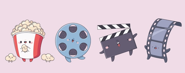 Vecteur gratuit les mascottes du cinéma kawaii sont isolées en arrière-plan.