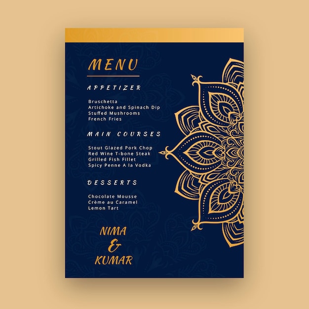 Menu de modèle de mariage indien