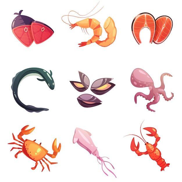 Vecteur gratuit mer food cartoon icons set