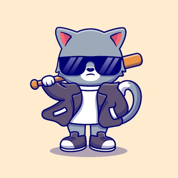 Mignon mauvais chat portant costume et lunettes de soleil avec illustration d'icône de dessin animé de batte de baseball. Concept d'icône de mode animal isolé. Style de bande dessinée plat