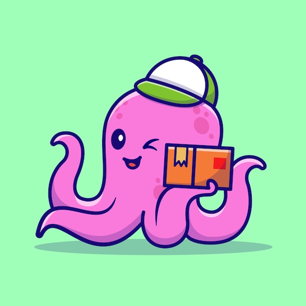 Vecteur gratuit mignon octopus courier holding package box cartoon vector icon illustration. concept d'icône d'entreprise animal isolé vecteur premium. style de dessin animé plat