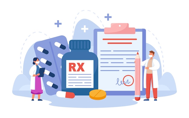 Vecteur gratuit de minuscules pharmaciens avec des médicaments sur ordonnance pour les patients. industrie pharmaceutique, symbole rx sur la bouteille d'illustration vectorielle plate d'analgésiques. pharmacie, médecine, concept de santé pour la bannière